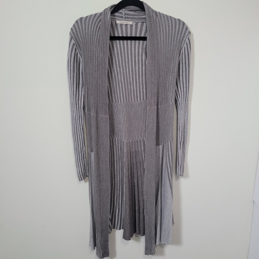 41 Hawthorn Size M Longline Ribbed Cardigan Women Gray Striped Flare Hem Viscose